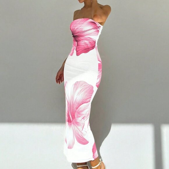 Pink Sexy Women's Strapless Floral Bodycon Long Dress - Picture 5 of 5